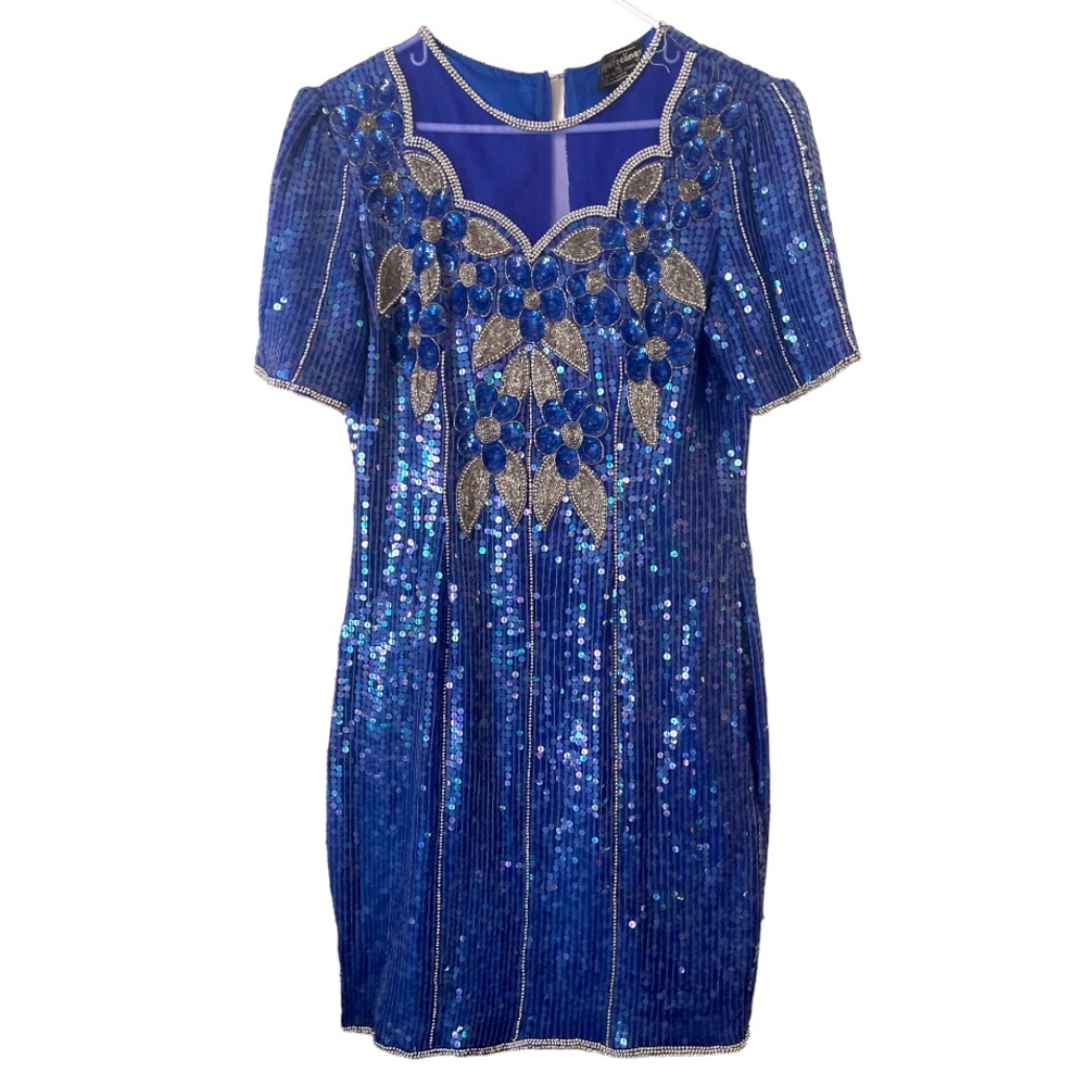 80โs Vintage Royal Feelings 100%โ Blue Silk Floral Sequin Short Sleeved Dress 12